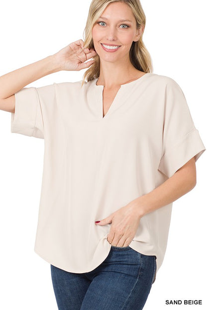 HEAVY WOVEN SPAN SPLIT NECK SHORT SLEEVE TOP