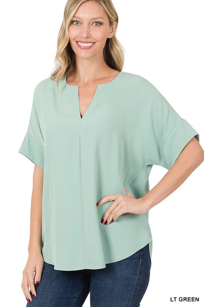 HEAVY WOVEN SPAN SPLIT NECK SHORT SLEEVE TOP