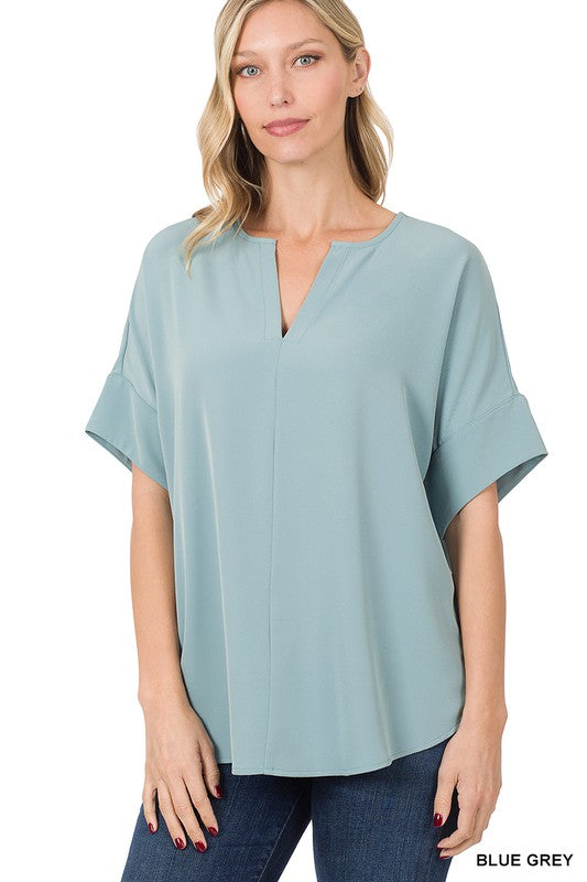 HEAVY WOVEN SPAN SPLIT NECK SHORT SLEEVE TOP