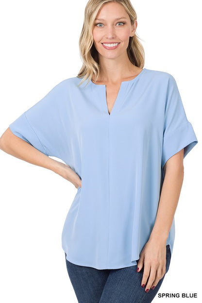 HEAVY WOVEN SPAN SPLIT NECK SHORT SLEEVE TOP