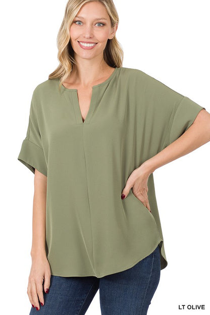 HEAVY WOVEN SPAN SPLIT NECK SHORT SLEEVE TOP