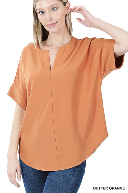 HEAVY WOVEN SPAN SPLIT NECK SHORT SLEEVE TOP