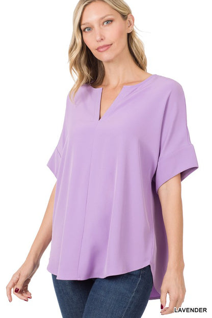 HEAVY WOVEN SPAN SPLIT NECK SHORT SLEEVE TOP