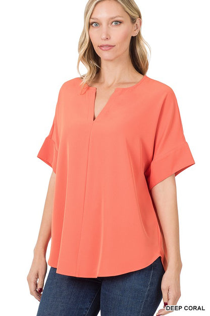 HEAVY WOVEN SPAN SPLIT NECK SHORT SLEEVE TOP