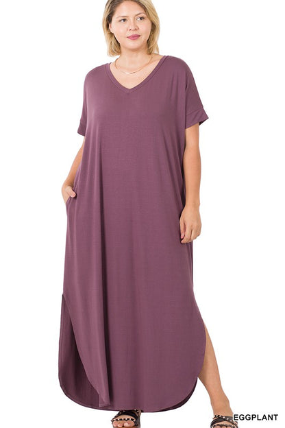 PLUS VISCOSE SIDE SLIT V-NECK MAXI DRESS