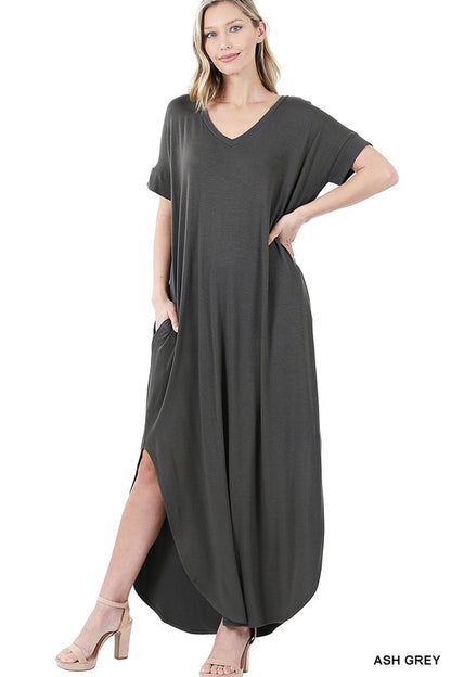 VISCOSE SIDE SLIT V-NECK SHORT SLEEVE MAXI DRESS