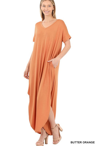 VISCOSE SIDE SLIT V-NECK SHORT SLEEVE MAXI DRESS