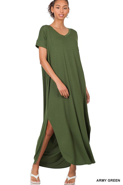 VISCOSE SIDE SLIT V-NECK SHORT SLEEVE MAXI DRESS