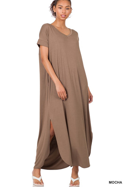 VISCOSE SIDE SLIT V-NECK SHORT SLEEVE MAXI DRESS