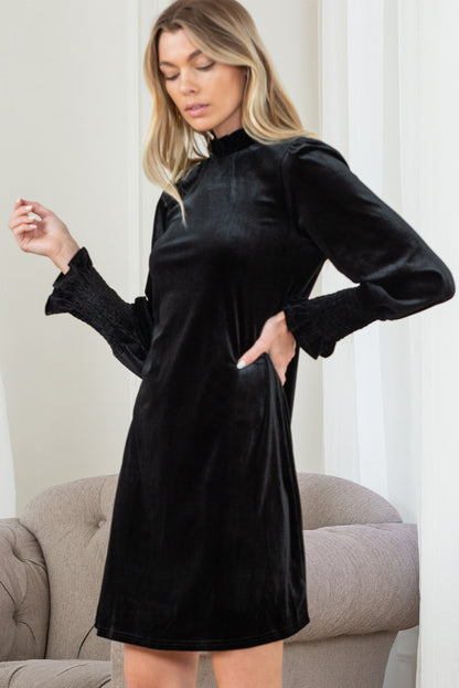 Black Velvet Frill Neck Long Sleeve Shift Dress