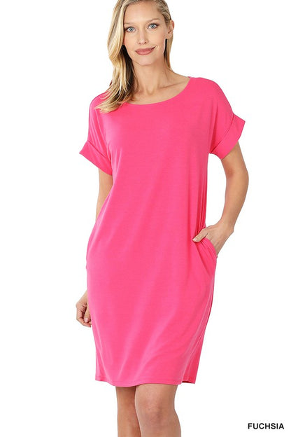 ROLLED SHORT SLEEVE ROUND NECK DRESS