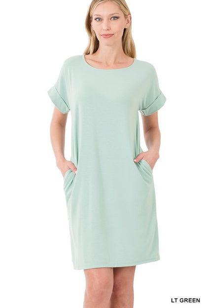 ROLLED SHORT SLEEVE ROUND NECK DRESS