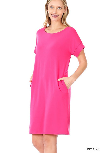 ROLLED SHORT SLEEVE ROUND NECK DRESS