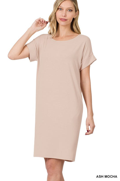 ROLLED SHORT SLEEVE ROUND NECK DRESS