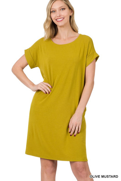 ROLLED SHORT SLEEVE ROUND NECK DRESS