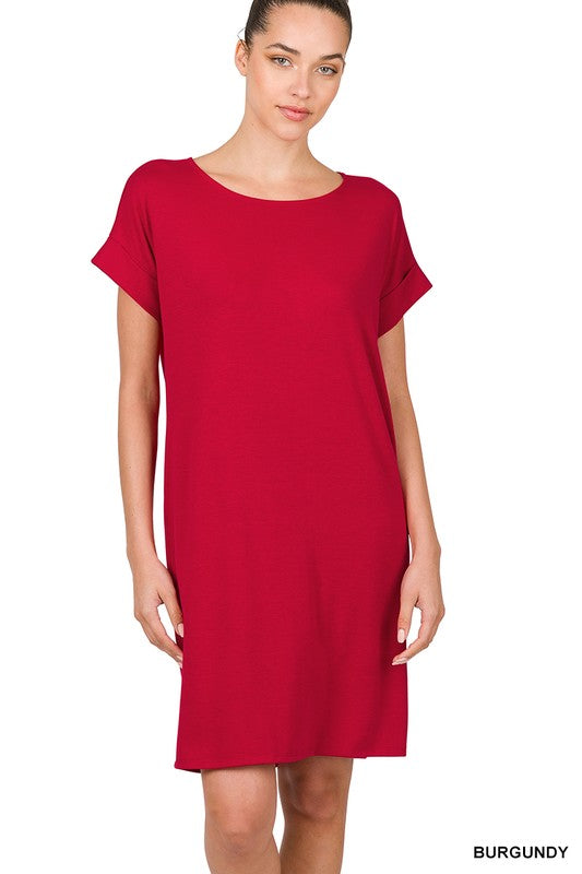 ROLLED SHORT SLEEVE ROUND NECK DRESS