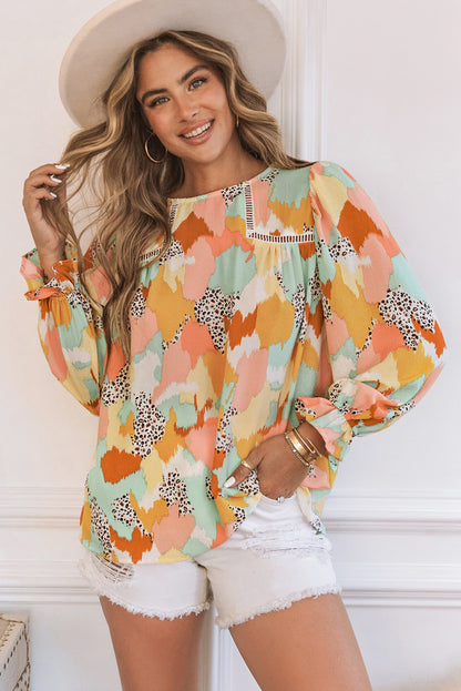 Multicolor Abstract Print Boho Ruffle Long Sleeve Blouse