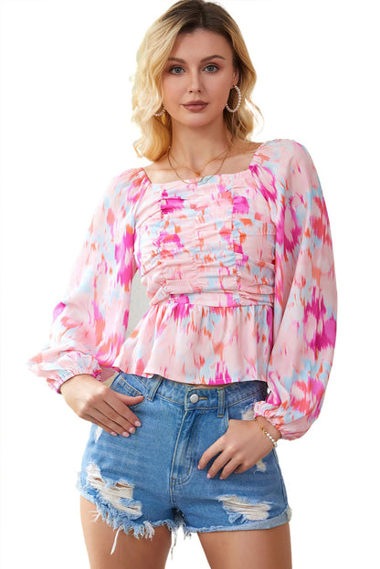 Watercolor Abstract Print Pleated Long Sleeve Blouse