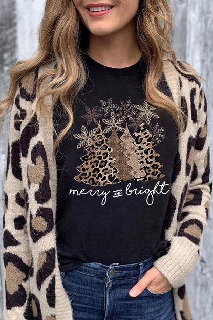 Black Leopard Christmas Tree Heat Transfer Printing Crew Neck Graphic T Shirt