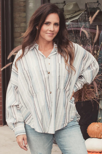 Striped Button Up Drop Shoulder Loose Shirt