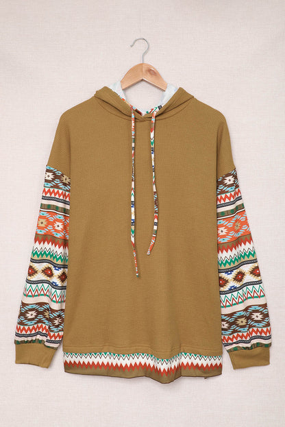 Khaki Texture Aztec Drop Sleeve Waffle Plus Size Hoodie