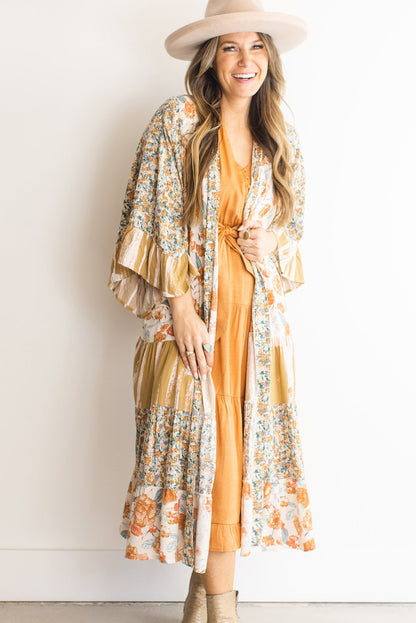 Multicolor Wide Sleeve Mixed Floral Print Long Kimono