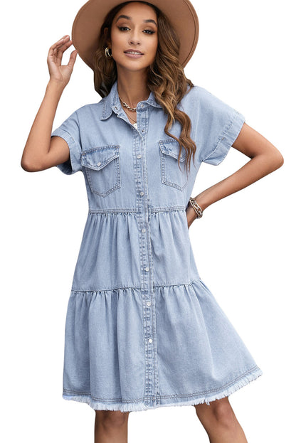 Gray Button Up Short Sleeve Denim Shirt Dress