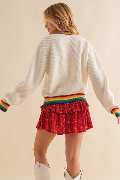 White Glitter Merry & Bright Rainbow Striped Trim Sweater