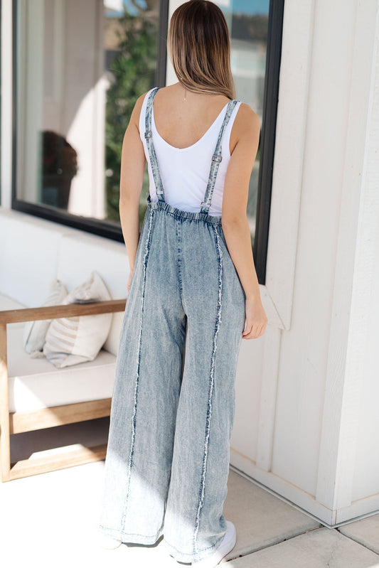 Blue Light Wash Frayed Exposed Seam Wide Leg Denim Overalls