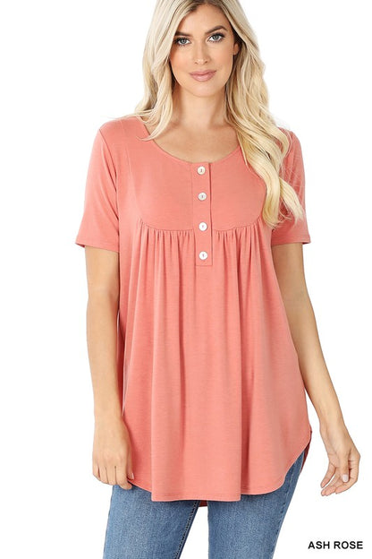 SHORT SLEEVE DOLPHIN HEM SHELL BUTTON TOP