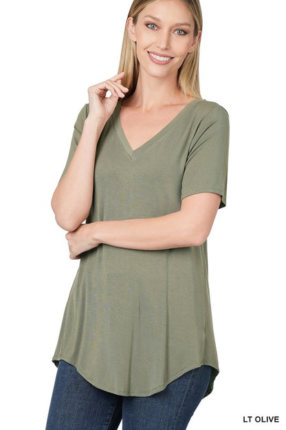 LUXE RAYON SHORT SLEEVE V-NECK HI-LOW HEM TOP