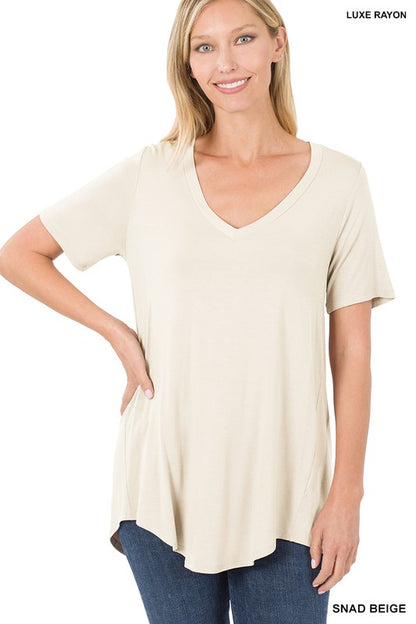 LUXE RAYON SHORT SLEEVE V-NECK HI-LOW HEM TOP