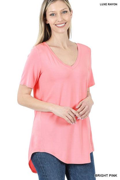 LUXE RAYON SHORT SLEEVE V-NECK HI-LOW HEM TOP