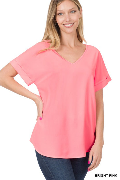 WOVEN HEAVY DOBBY ROLLED SLEEVE V-NECK TOP