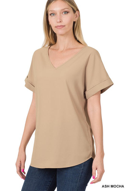 WOVEN HEAVY DOBBY ROLLED SLEEVE V-NECK TOP