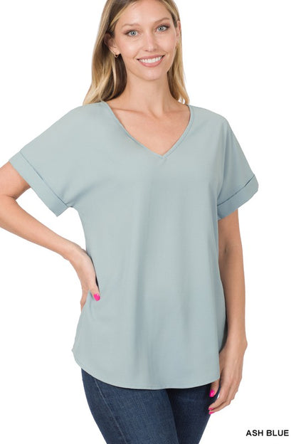 WOVEN HEAVY DOBBY ROLLED SLEEVE V-NECK TOP