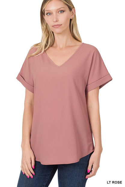 WOVEN HEAVY DOBBY ROLLED SLEEVE V-NECK TOP