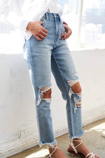 SUPER HIGH RISE DISTRESSED  RELAXED STRAIGHT