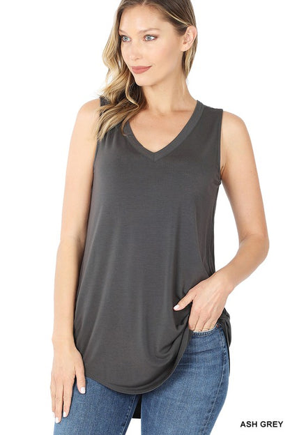 LUXE RAYON SLEEVELESS V-NECK HI-LOW HEM TOP