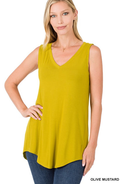 LUXE RAYON SLEEVELESS V-NECK HI-LOW HEM TOP