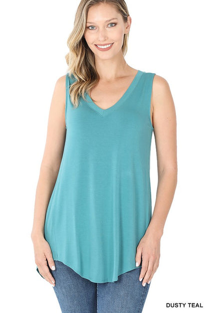 LUXE RAYON SLEEVELESS V-NECK HI-LOW HEM TOP