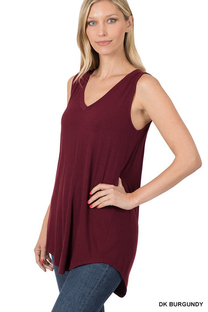 LUXE RAYON SLEEVELESS V-NECK HI-LOW HEM TOP