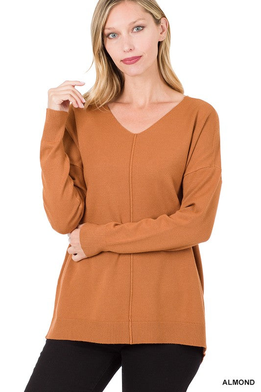 HI-LOW GARMENT DYED V-NECK FRONT SEAM SWEATER