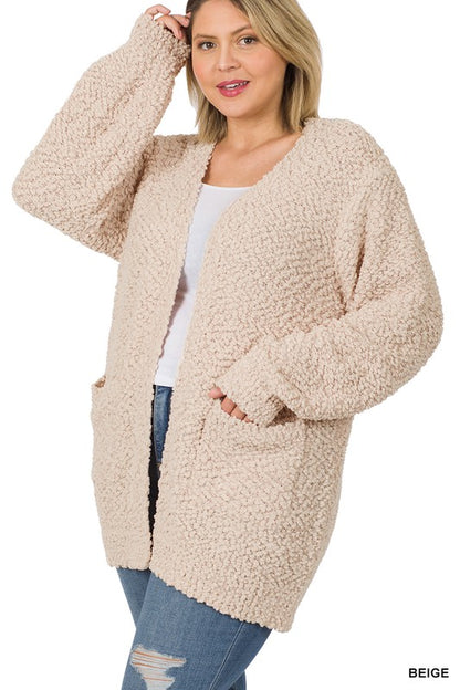 PLUS PUFF SLEEVE POPCORN CARDIGAN WITH POCKETS