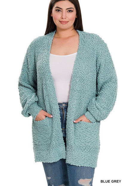 PLUS PUFF SLEEVE POPCORN CARDIGAN WITH POCKETS