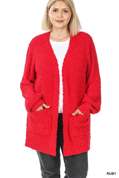 PLUS PUFF SLEEVE POPCORN CARDIGAN WITH POCKETS