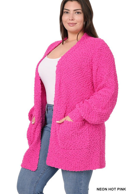 PLUS PUFF SLEEVE POPCORN CARDIGAN WITH POCKETS