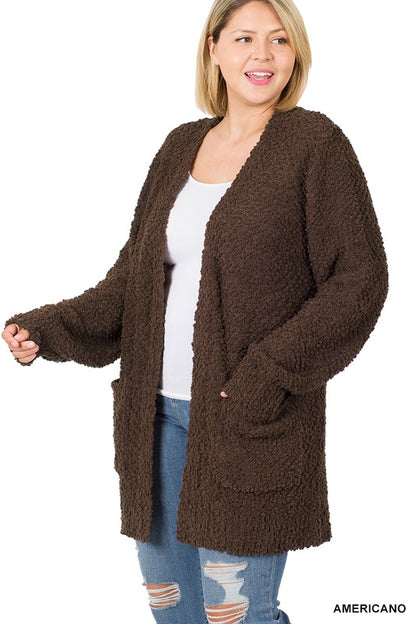 PLUS PUFF SLEEVE POPCORN CARDIGAN WITH POCKETS