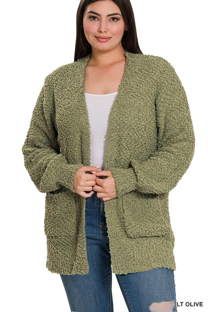 PLUS PUFF SLEEVE POPCORN CARDIGAN WITH POCKETS