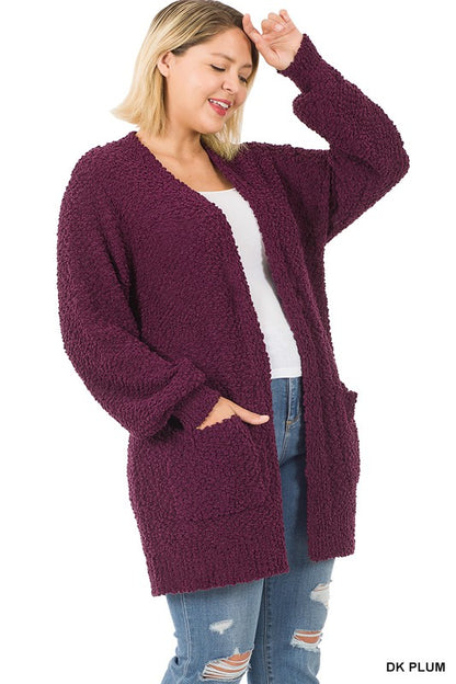 PLUS PUFF SLEEVE POPCORN CARDIGAN WITH POCKETS